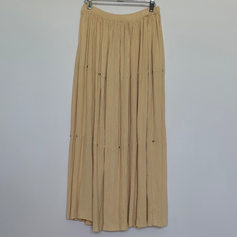 Stonebridge Tan Crinkle Tiered Maxi Skirt Silver Studded Boho Western‎ Small